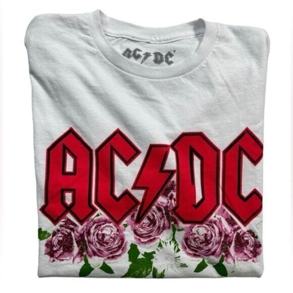 NWOT Unisex AC/DC White Short Sleeve Graphic Tee Floral Design - Size Small - Picture 1 of 4
